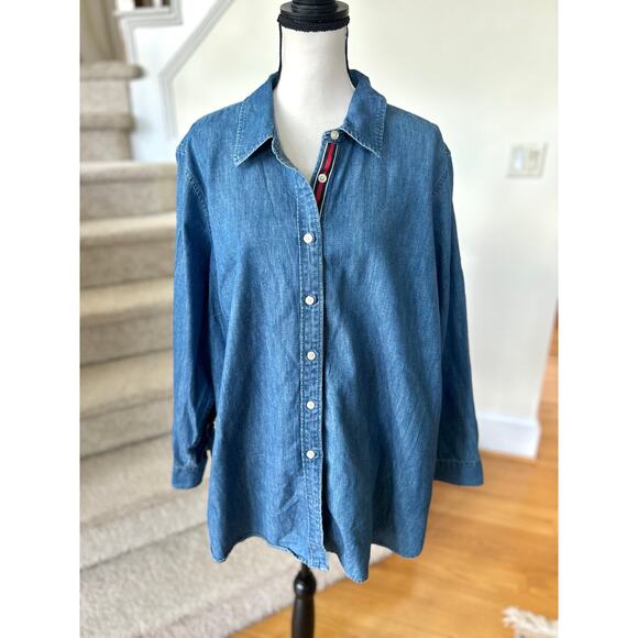 Talbots Light Denim Contrast Red Stripe Long Sleeve Button Down - Picture 1 of 6